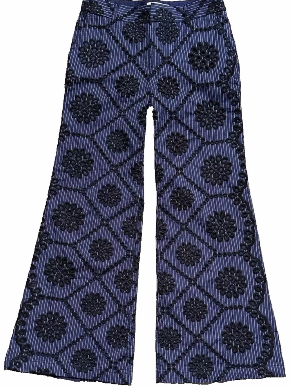 Anthropologie Navy Blue Embroidered Flare Pants
